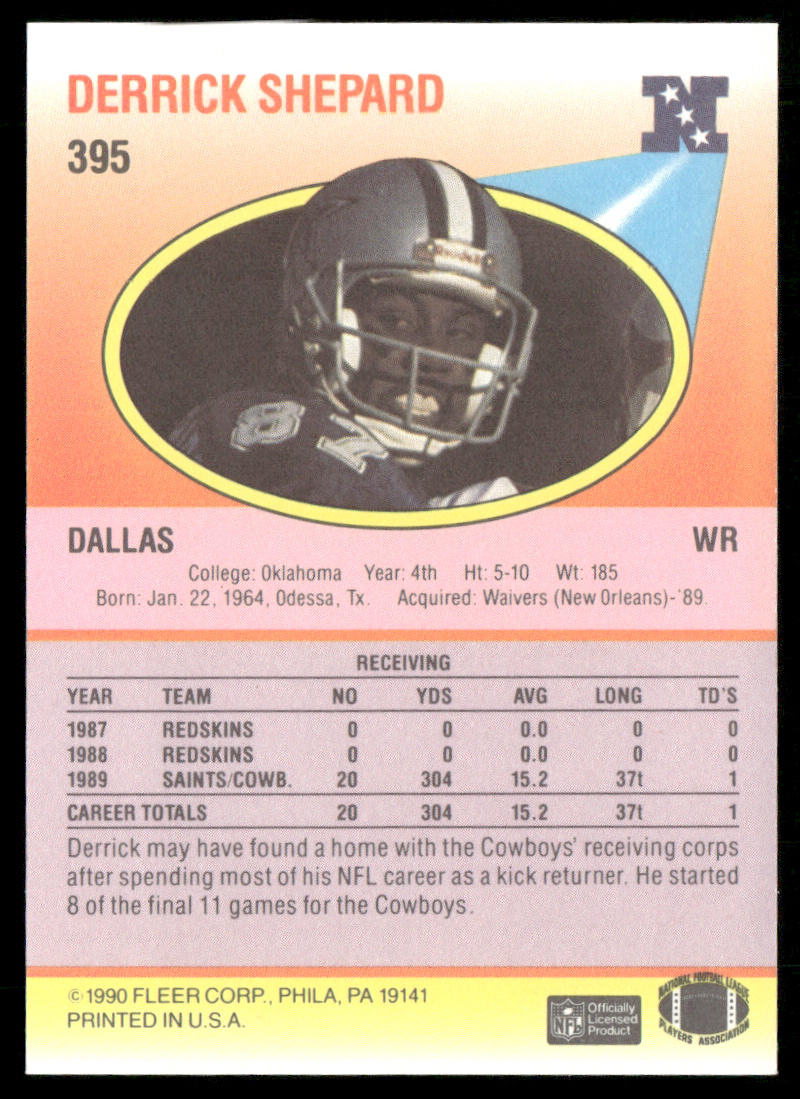 Derrick Shepard 1990 Fleer #395 RC Dallas Cowboys