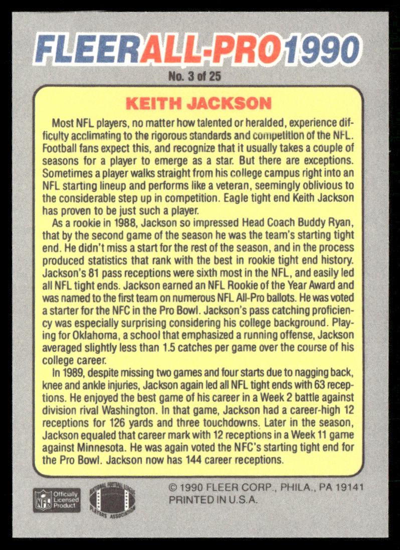 Keith Jackson 1990 Fleer All-Pro #3 Philadelphia Eagles