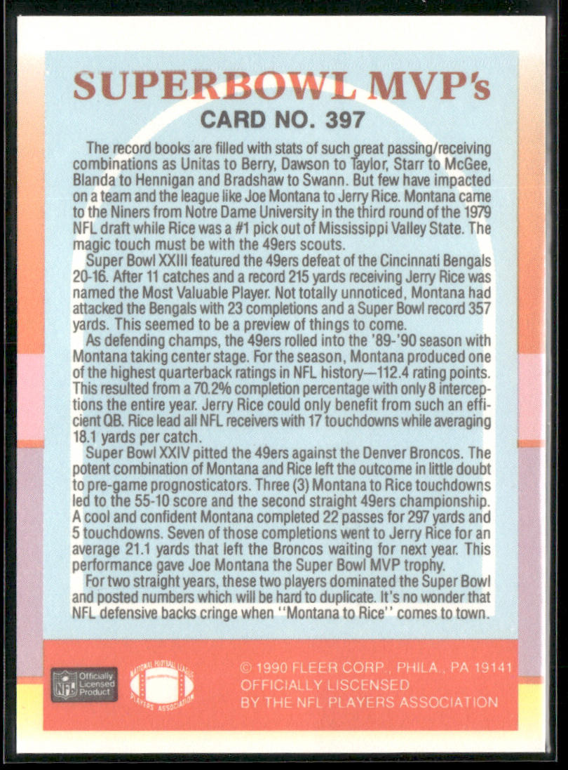 Superbowl MVP's (Jerry Rice / Joe Montana) MVP, CPC 1990 Fleer #397 49ers