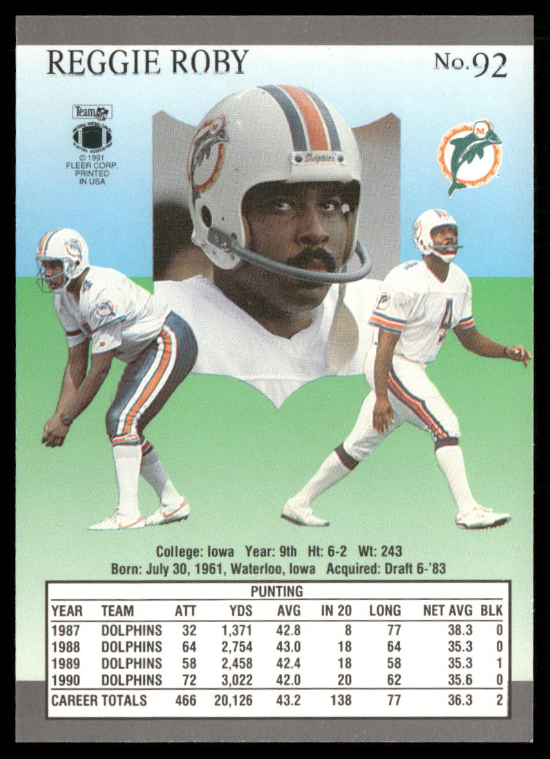Reggie Roby 1991 Ultra #92 Miami Dolphins