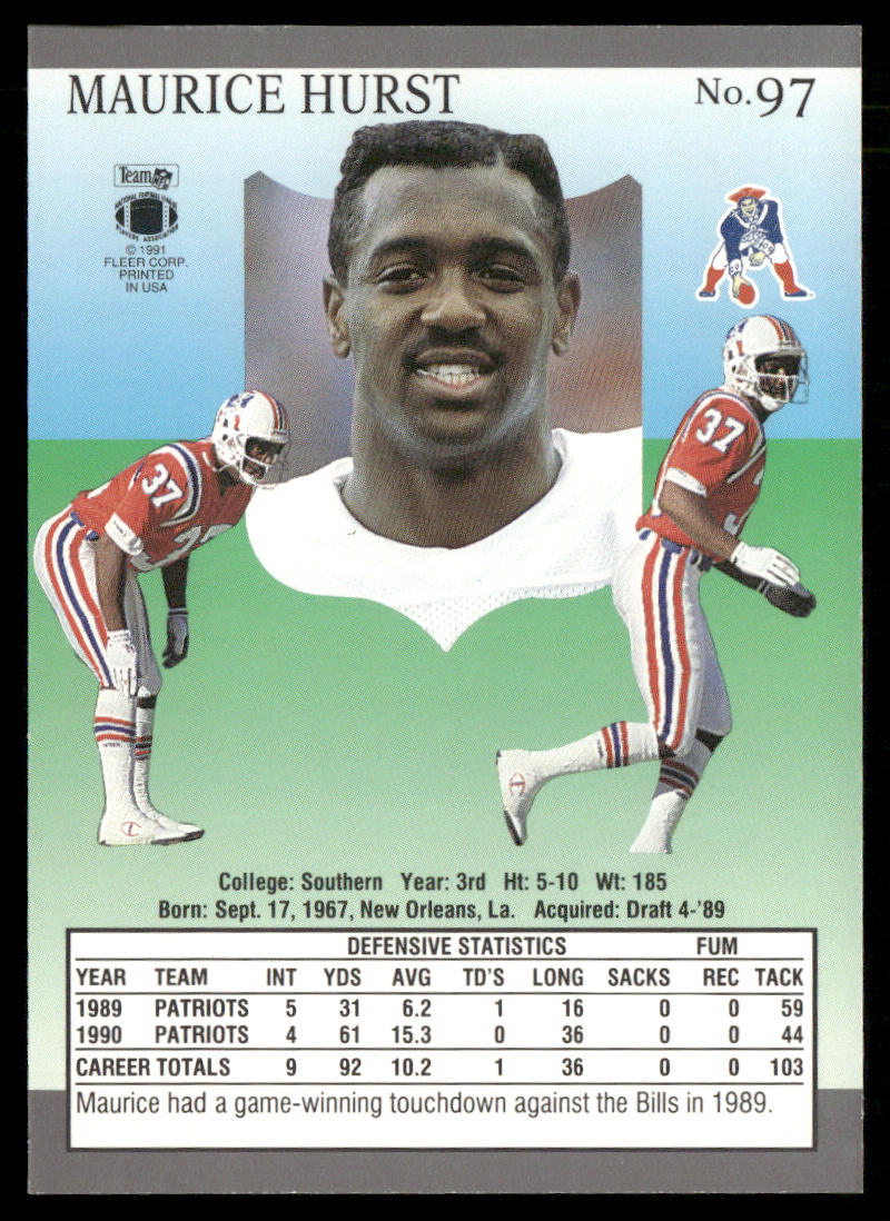 Maurice Hurst 1991 Ultra #97 New England Patriots