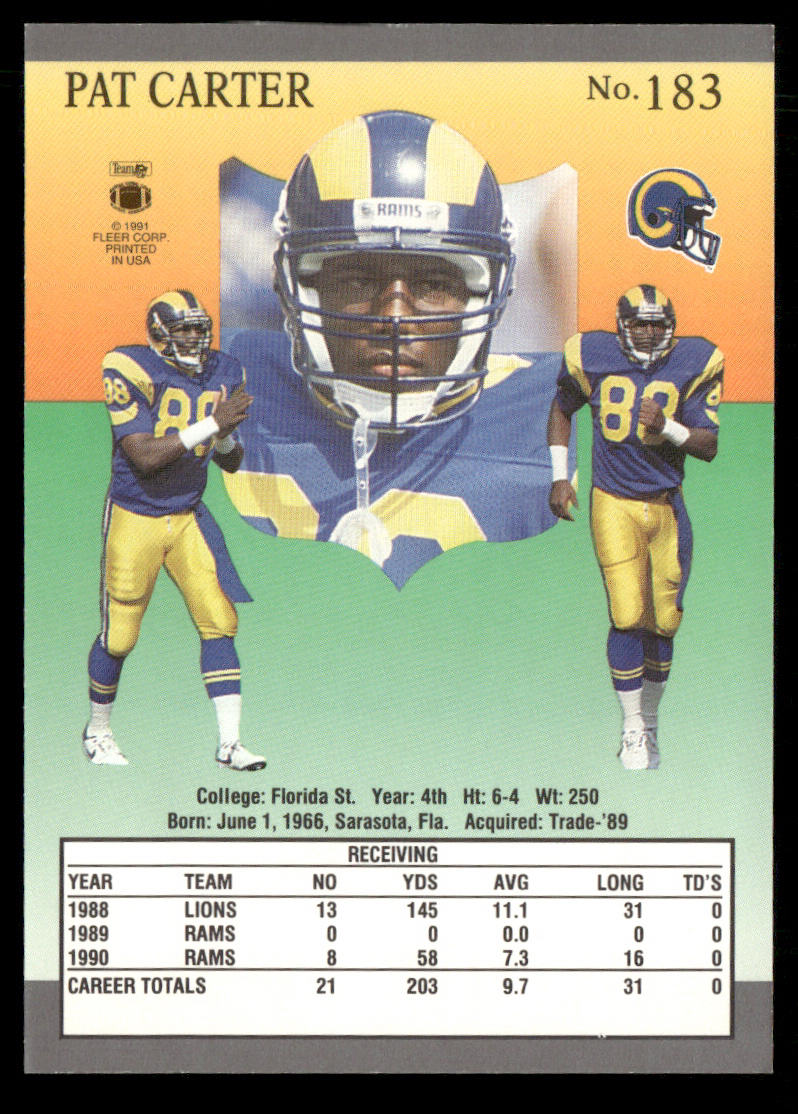 Pat Carter 1991 Ultra #183 RC Los Angeles Rams
