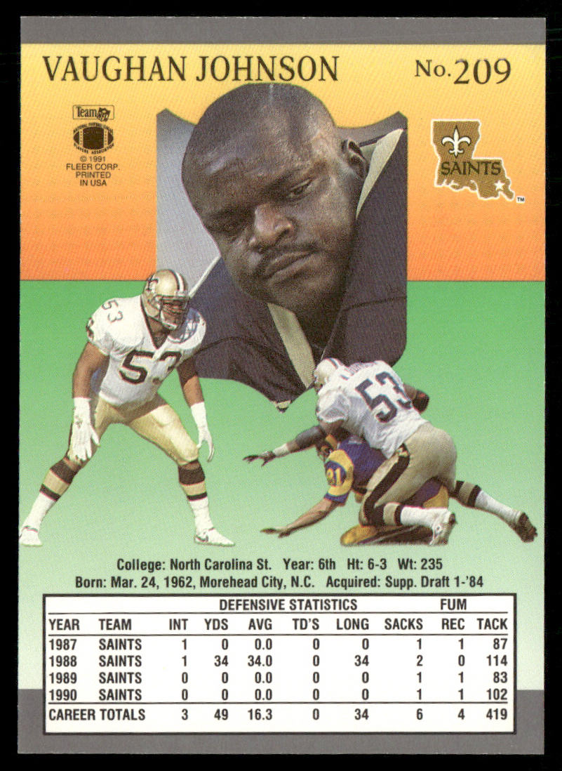 Vaughan Johnson 1991 Ultra #209 New Orleans Saints