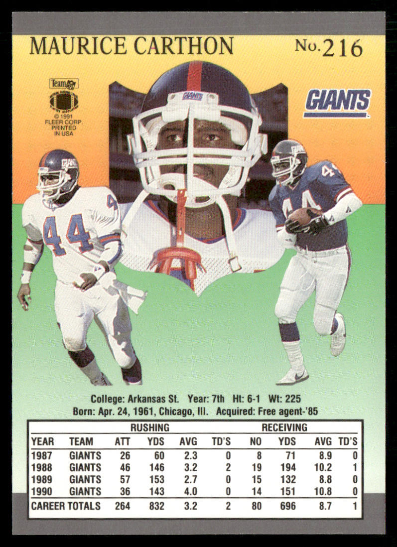 Maurice Carthon 1991 Ultra #216 New York Giants