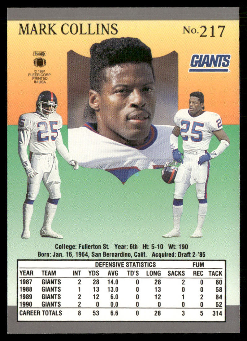 Mark Collins 1991 Ultra #217 New York Giants