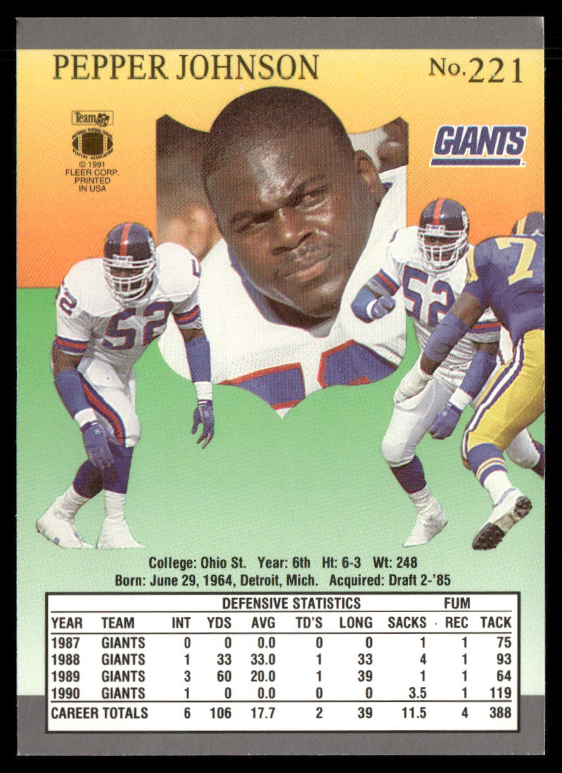 Pepper Johnson 1991 Ultra #221 New York Giants
