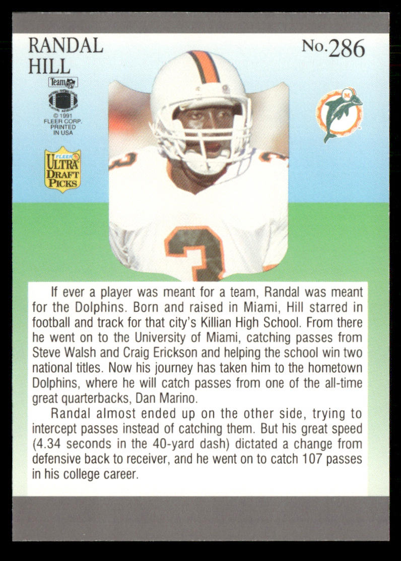 Randal Hill 1991 Ultra #286 RC Miami Dolphins