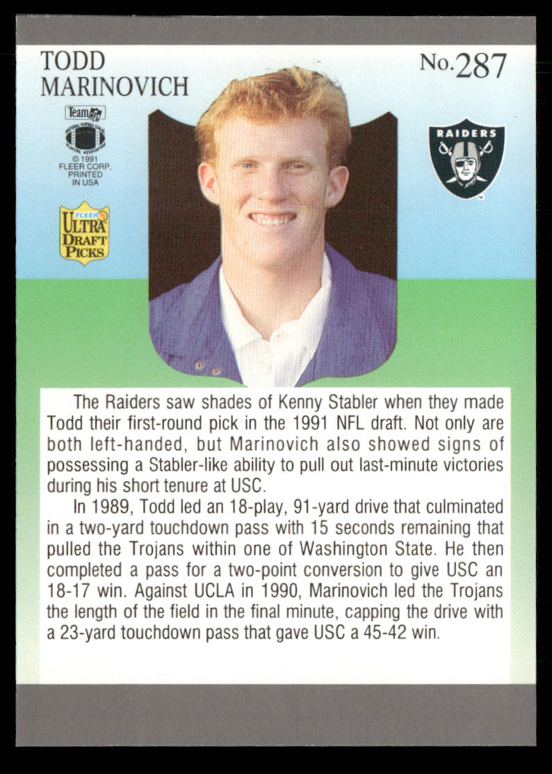 Todd Marinovich 1991 Ultra #287 RC Los Angeles Raiders