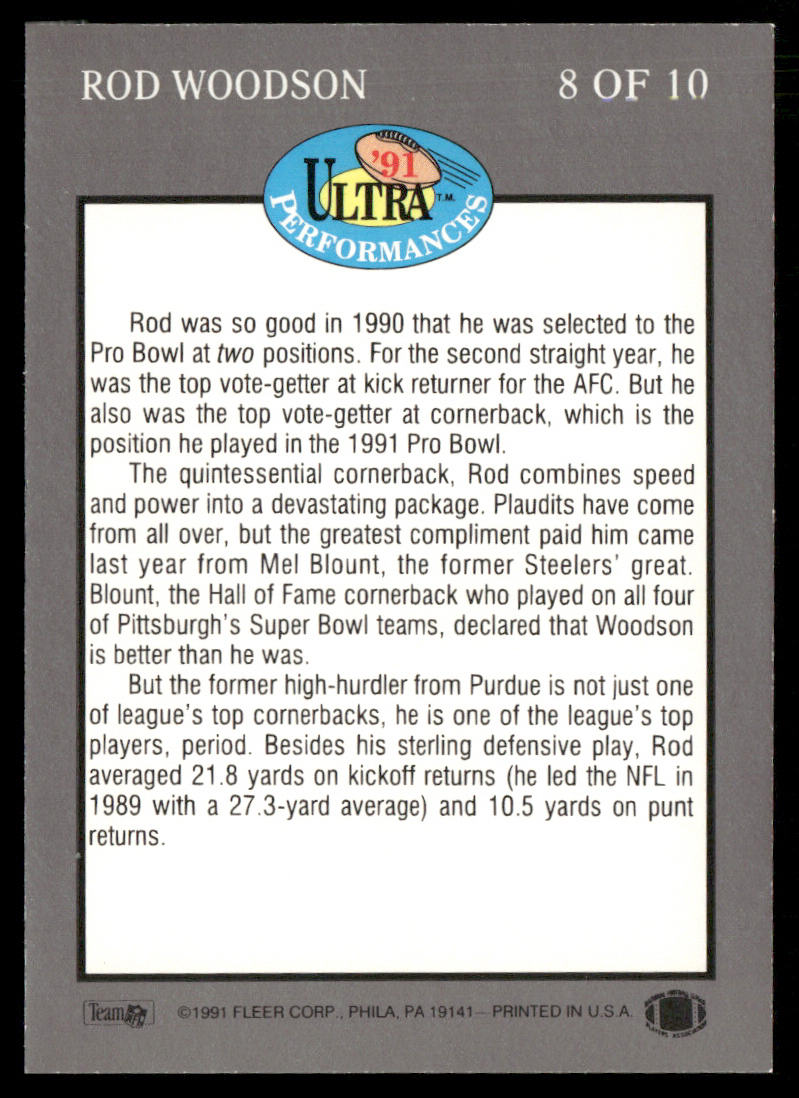 Rod Woodson 1991 Ultra Ultra Performances #8 Pittsburgh Steelers