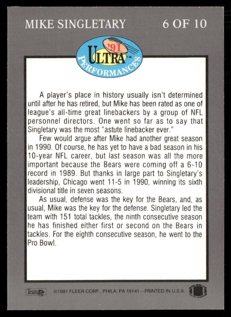 Mike Singletary 1991 Ultra Ultra Performances #6 Chicago Bears