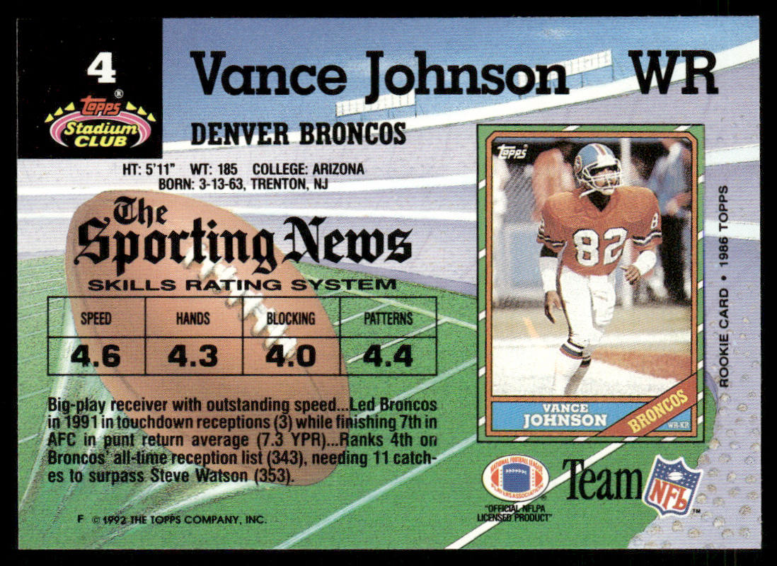 Vance Johnson 1992 Stadium Club #4 Denver Broncos