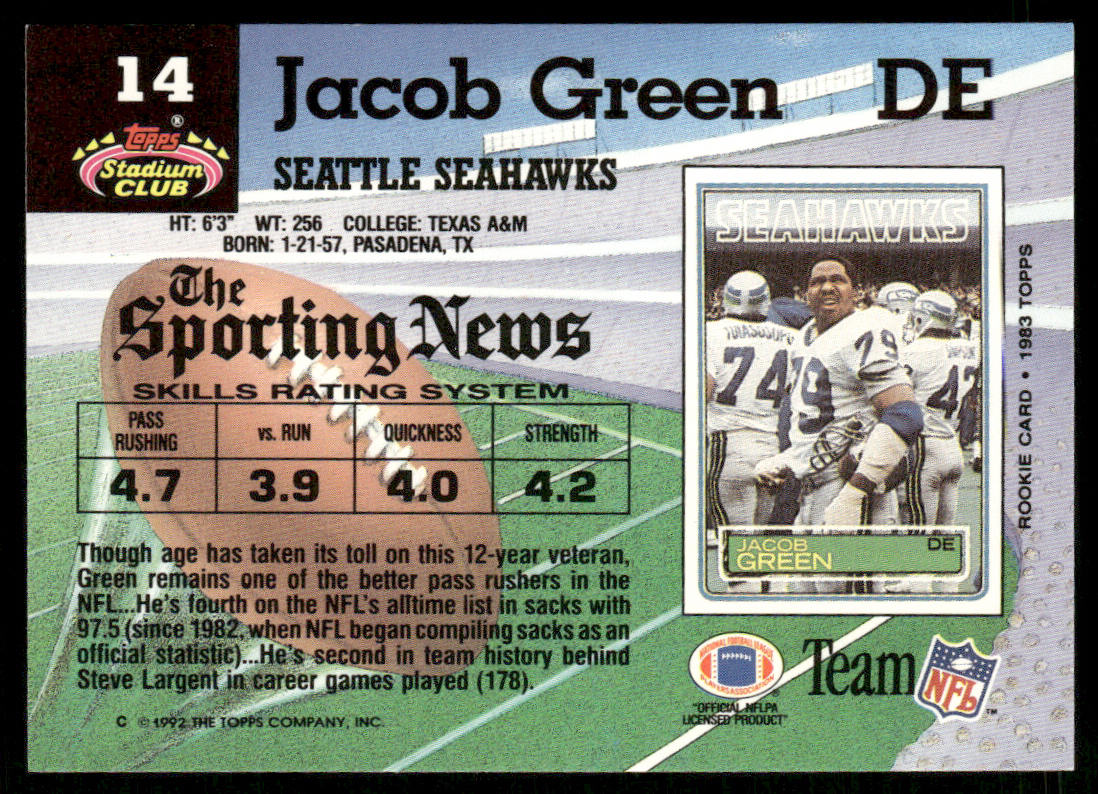 Jacob Green 1992 Stadium Club #14 Seattle Seahawks