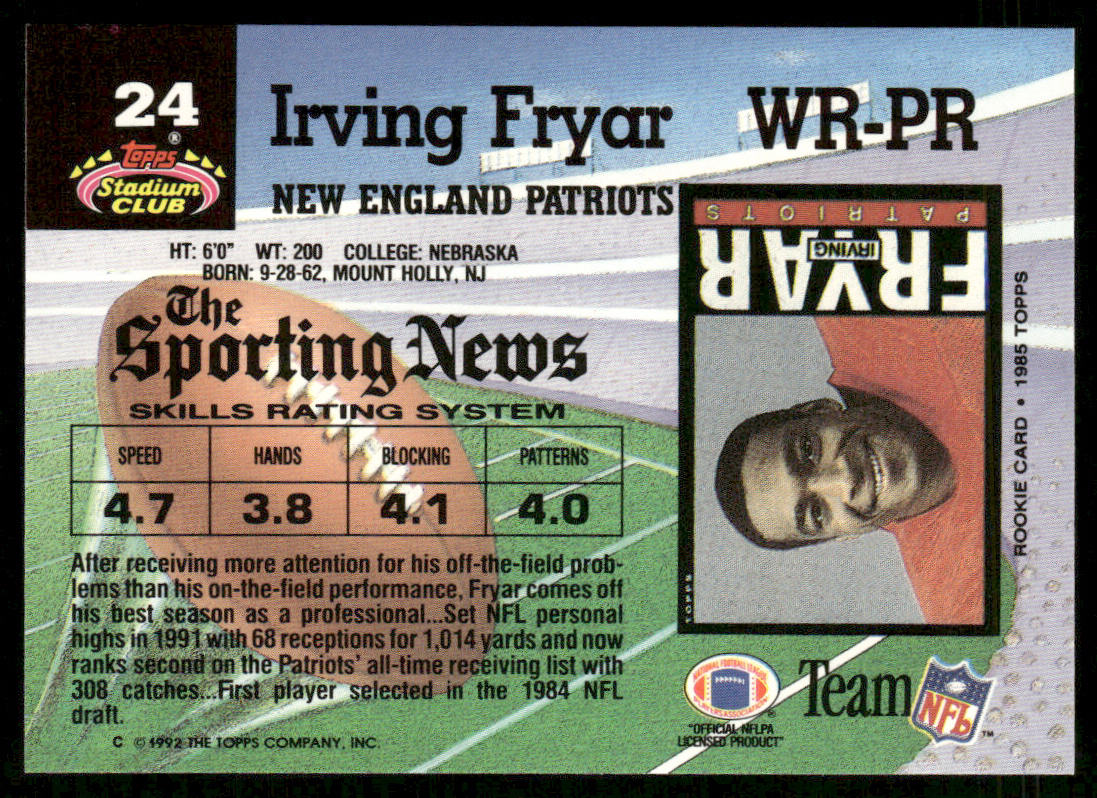 Irving Fryar 1992 Stadium Club #24 New England Patriots