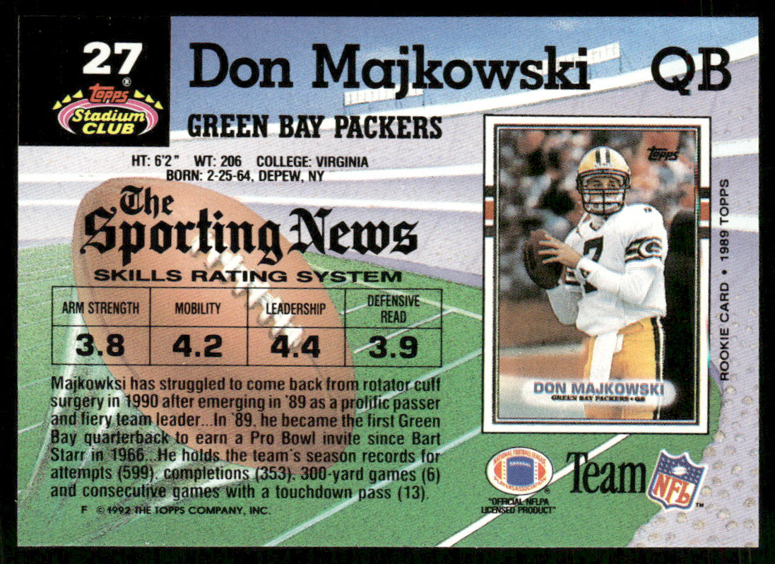 Don Majkowski 1992 Stadium Club #27 Green Bay Packers