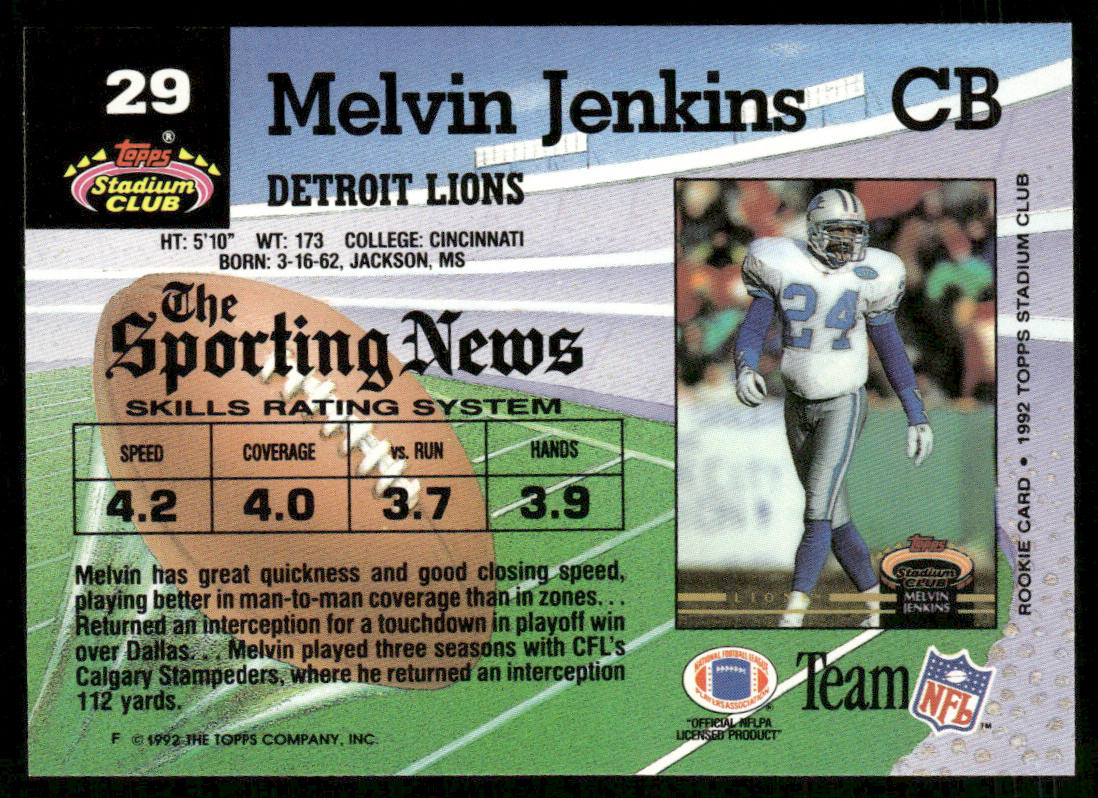 Melvin Jenkins 1992 Stadium Club #29 Detroit Lions