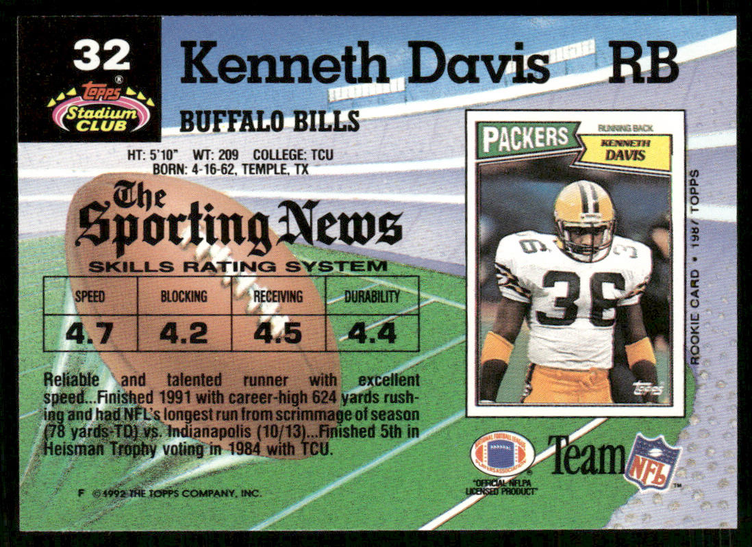 Kenneth Davis 1992 Stadium Club #32 Buffalo Bills