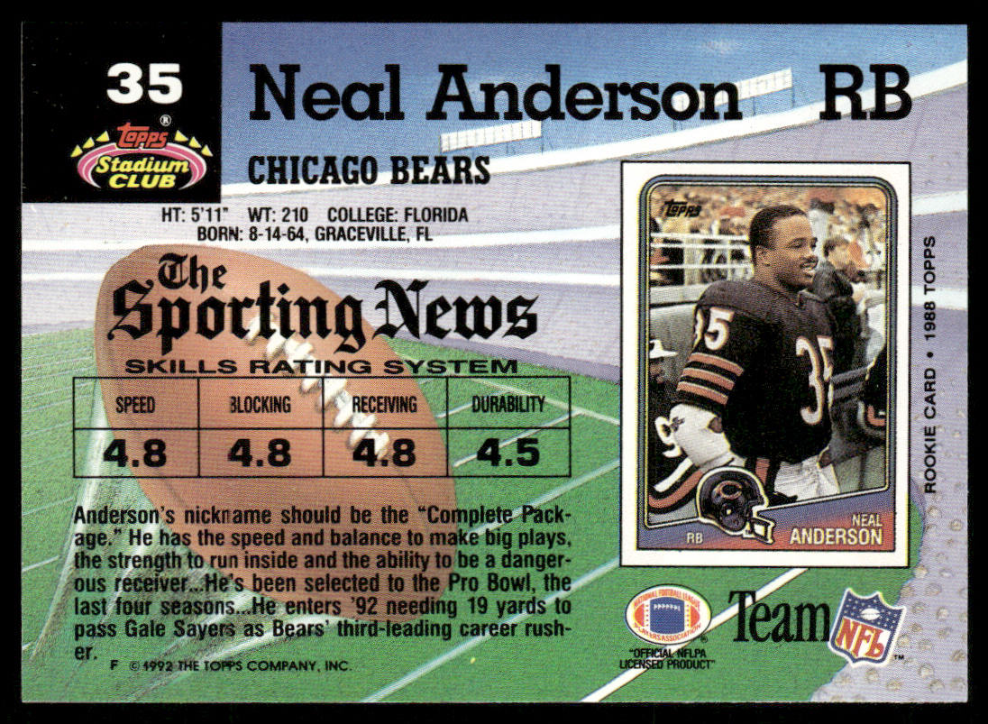 Neal Anderson 1992 Stadium Club #35 Chicago Bears
