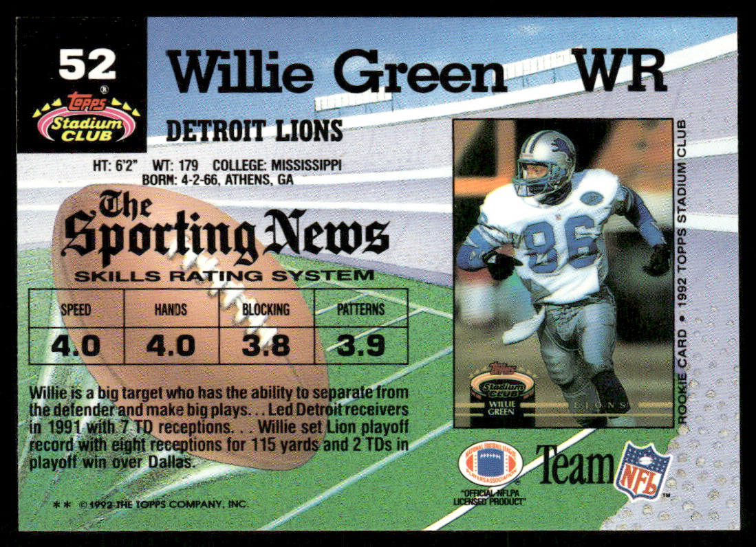 Willie Green 1992 Stadium Club #52 Detroit Lions