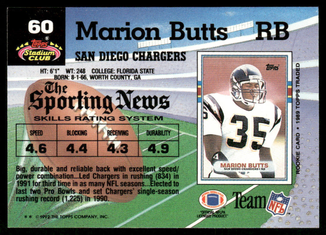 Marion Butts 1992 Stadium Club #60 San Diego Chargers