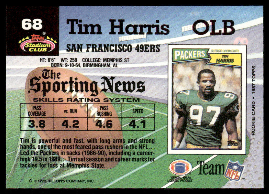 Tim Harris 1992 Stadium Club #68 San Francisco 49ers
