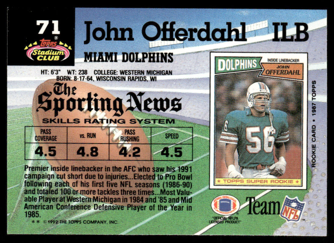 John Offerdahl 1992 Stadium Club #71 Miami Dolphins