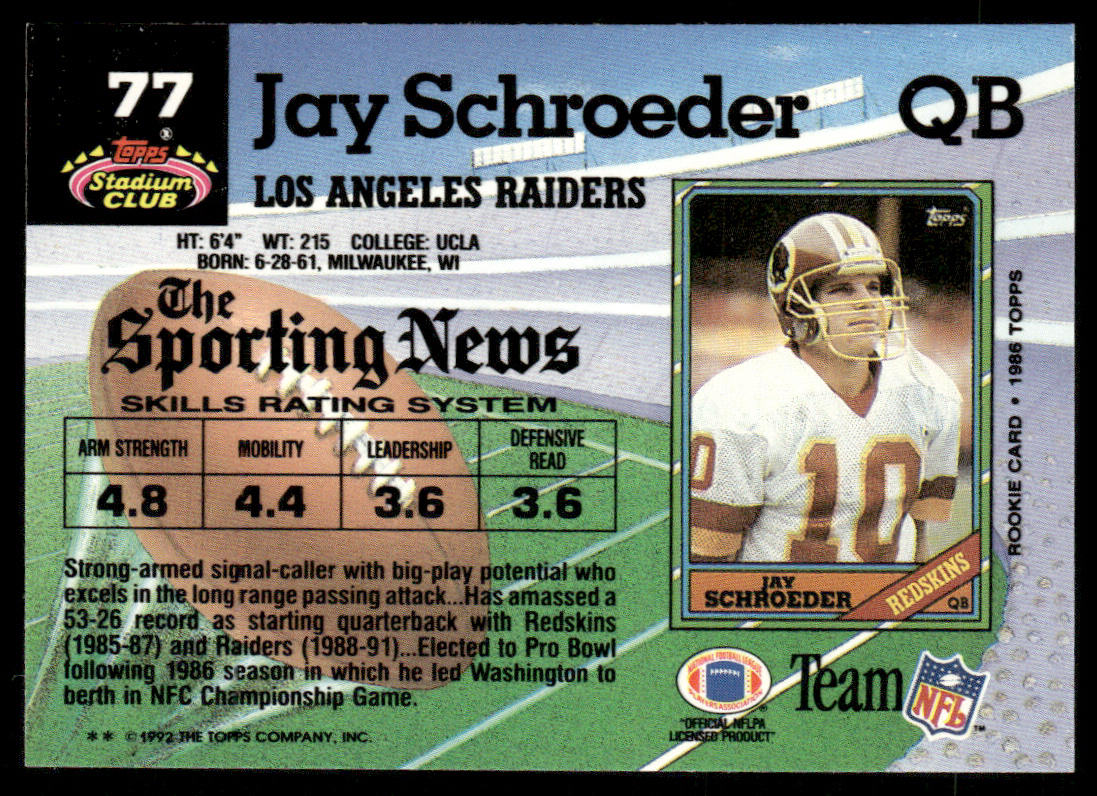 Jay Schroeder 1992 Stadium Club #77 Los Angeles Raiders