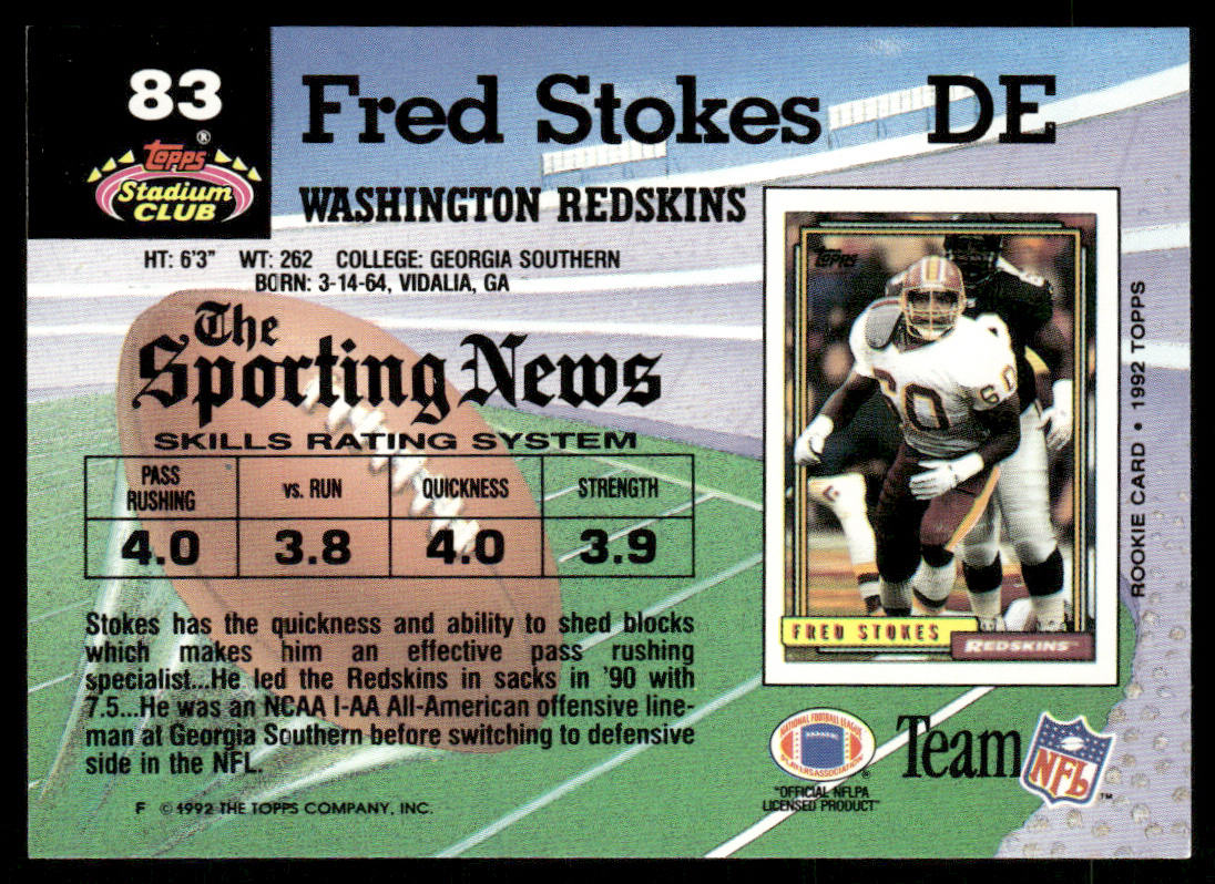 Fred Stokes 1992 Stadium Club #83 Washington Redskins