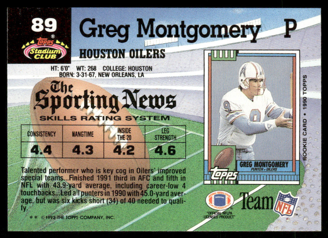 Greg Montgomery 1992 Stadium Club #89 Houston Oilers