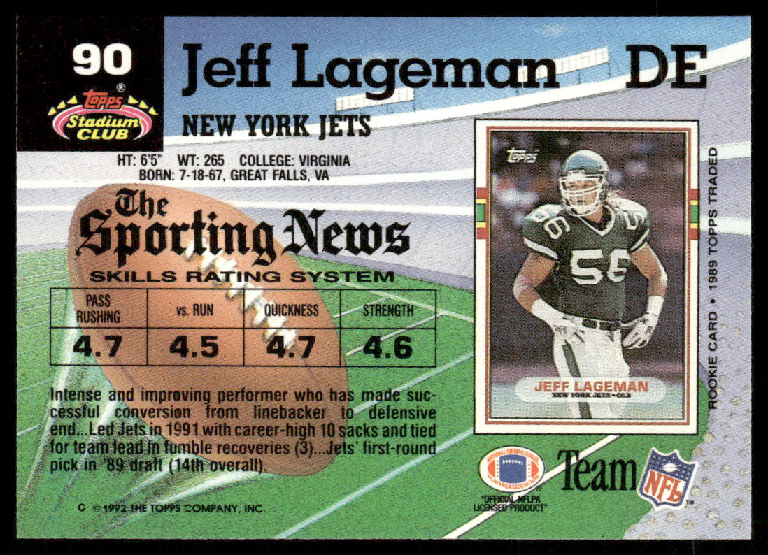 Jeff Lageman 1992 Stadium Club #90 New York Jets