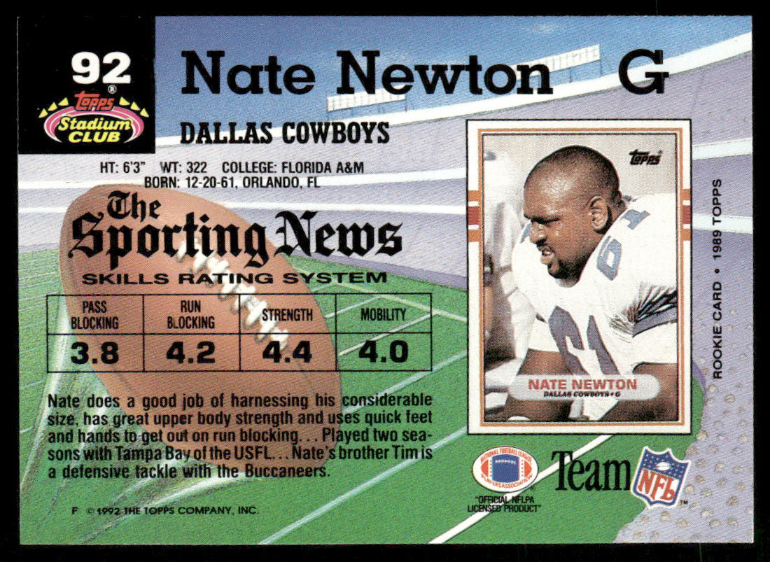 Nate Newton 1992 Stadium Club #92 Dallas Cowboys