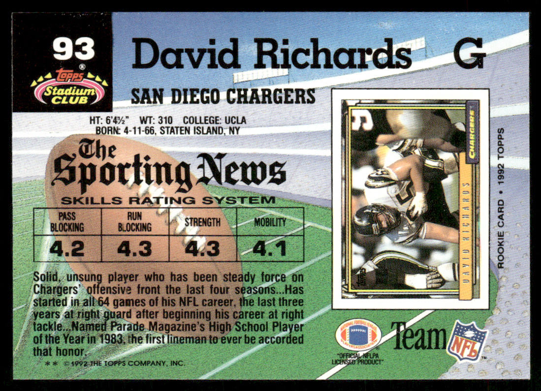 David Richards 1992 Stadium Club #93 San Diego Chargers