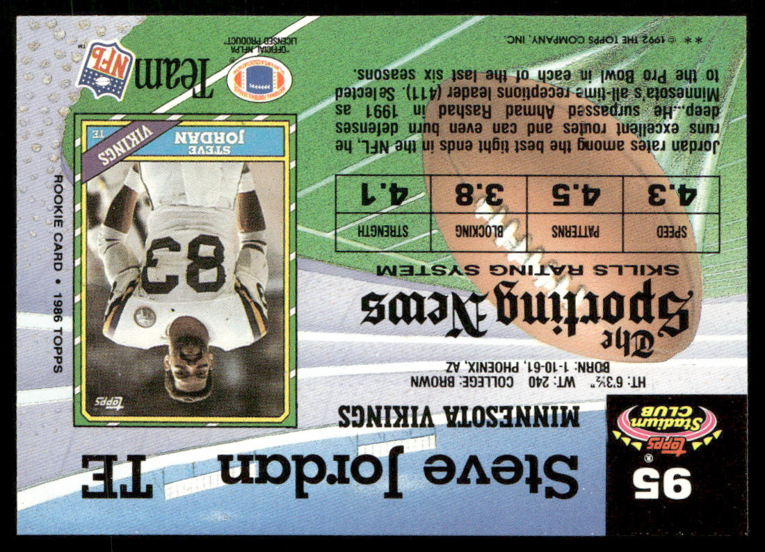 Steve Jordan 1992 Stadium Club #95 Minnesota Vikings
