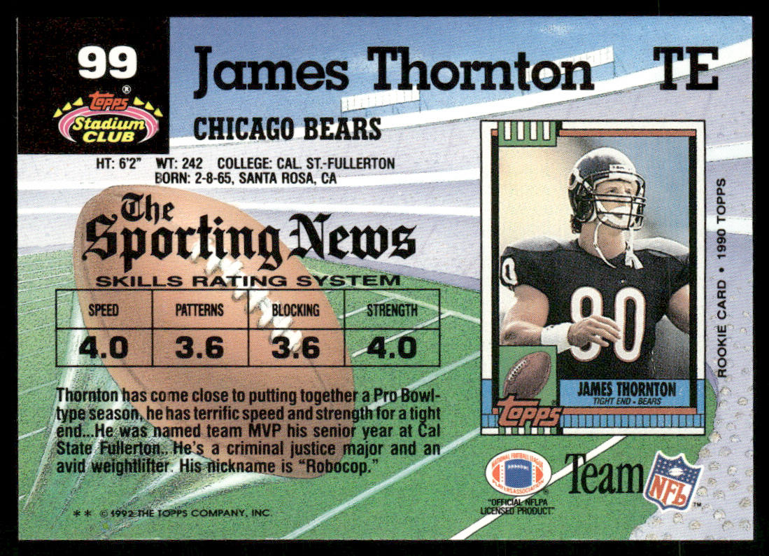 James Thornton 1992 Stadium Club #99 Chicago Bears