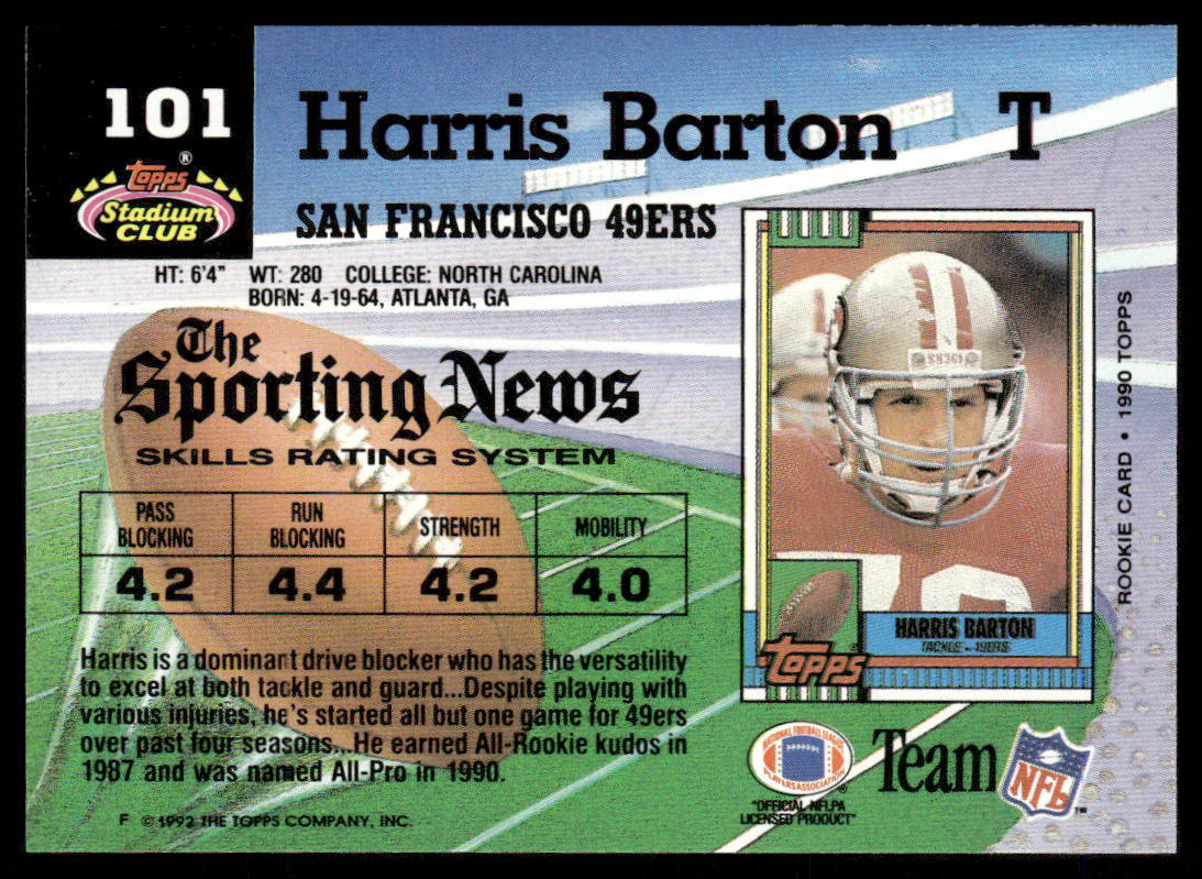 Harris Barton 1992 Stadium Club #101 San Francisco 49ers