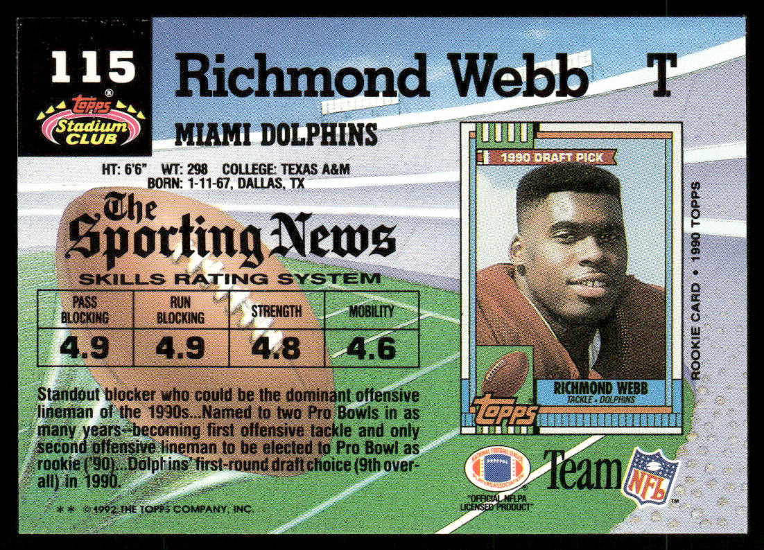 Richmond Webb 1992 Stadium Club #115 Miami Dolphins