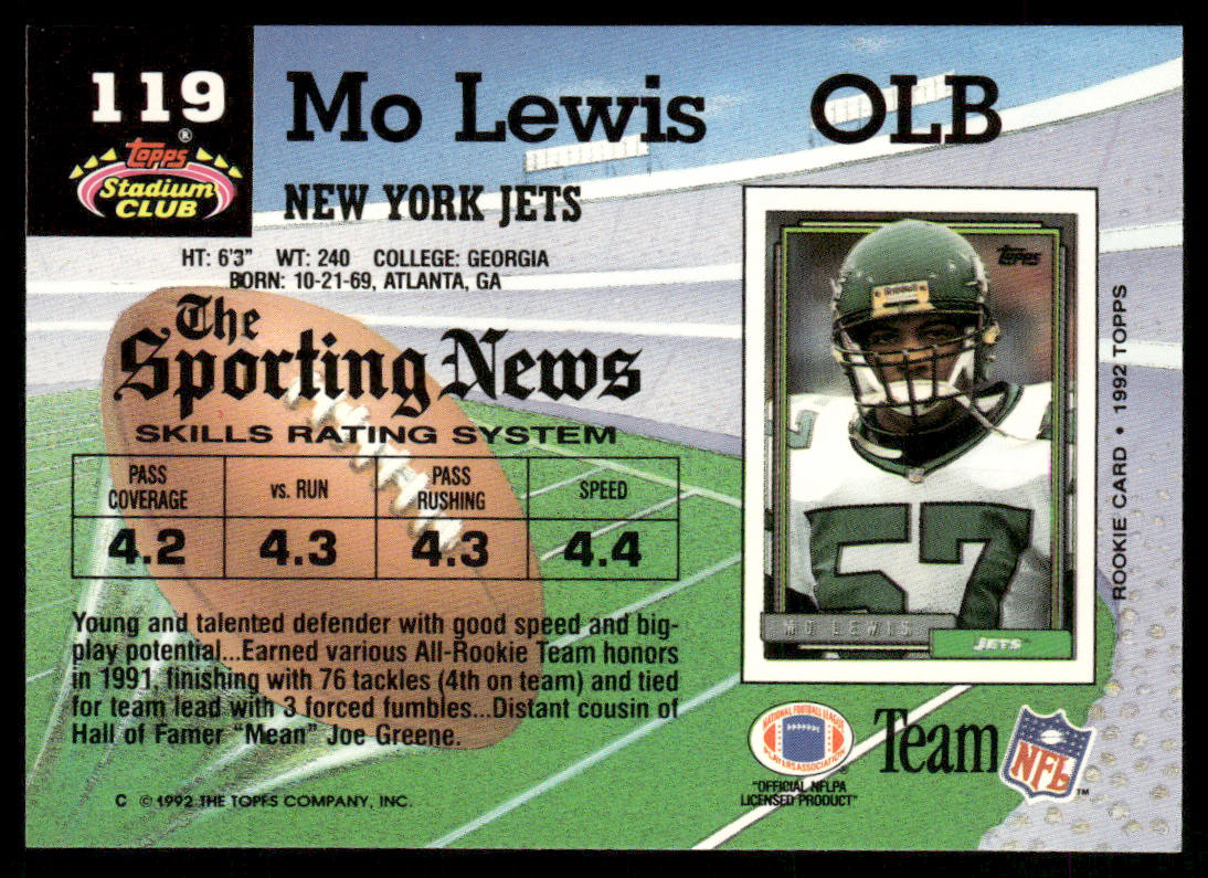 Mo Lewis 1992 Stadium Club #119 New York Jets