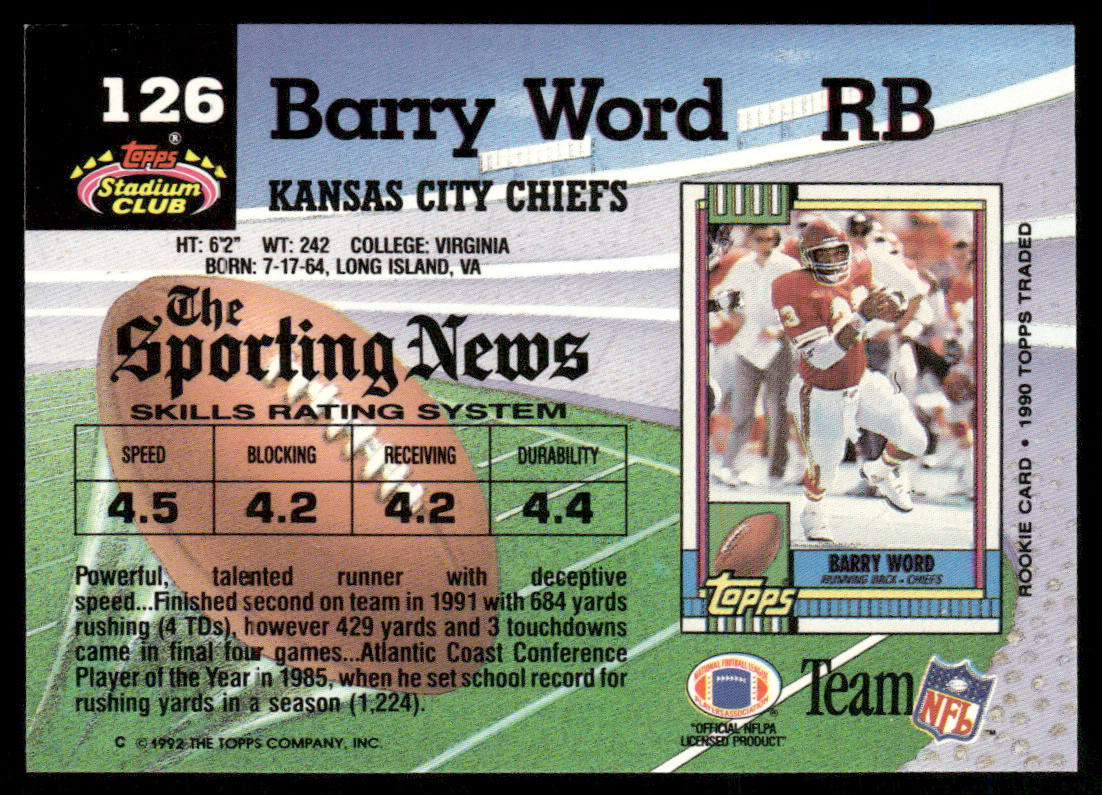 Barry Word 1992 Stadium Club #126 Kansas City Chiefs
