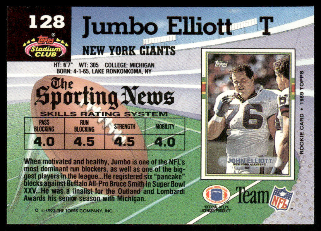 Jumbo Elliott 1992 Stadium Club #128 New York Giants