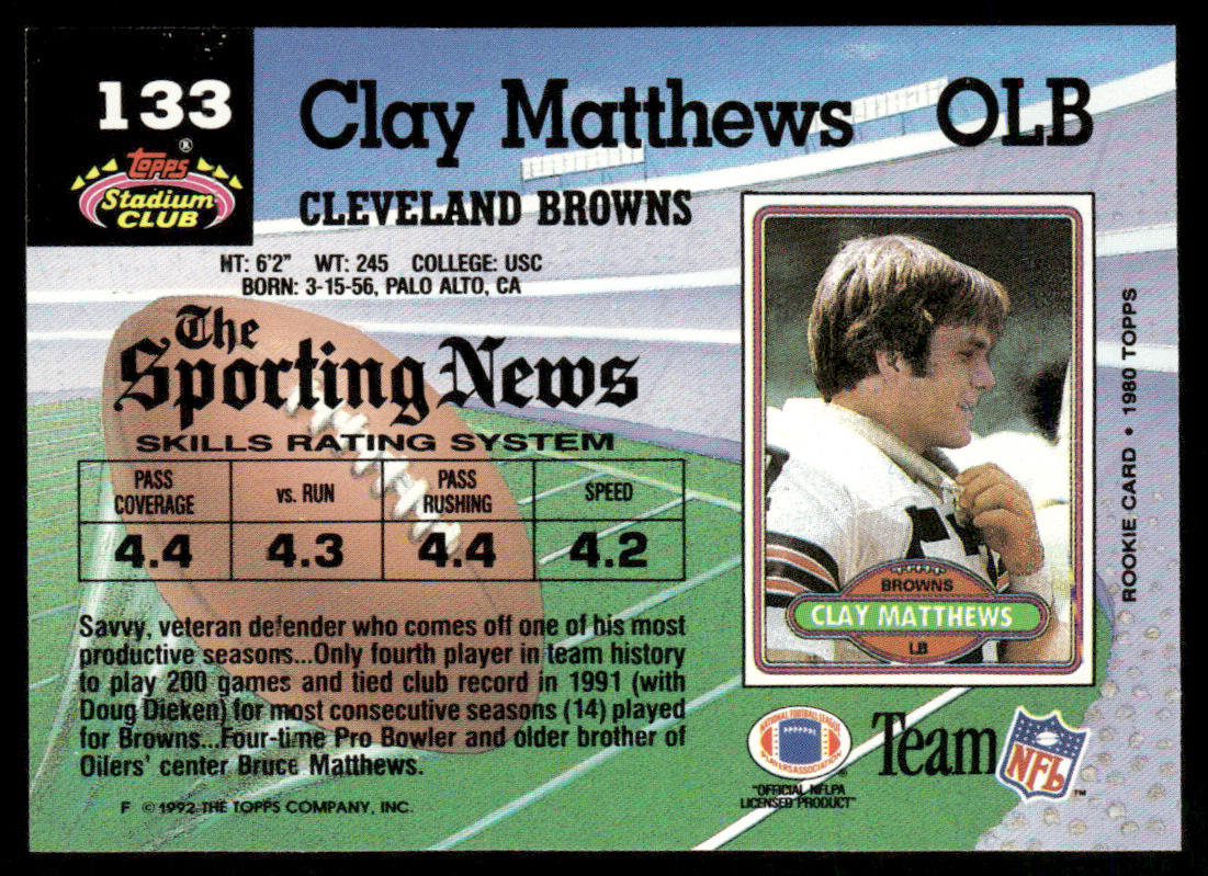 Clay Matthews 1992 Stadium Club #133 Cleveland Browns