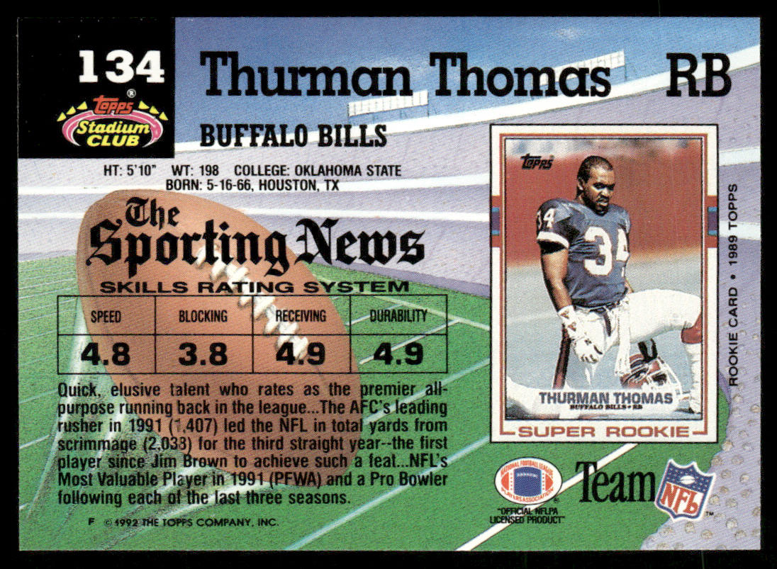 Thurman Thomas 1992 Stadium Club #134 Buffalo Bills