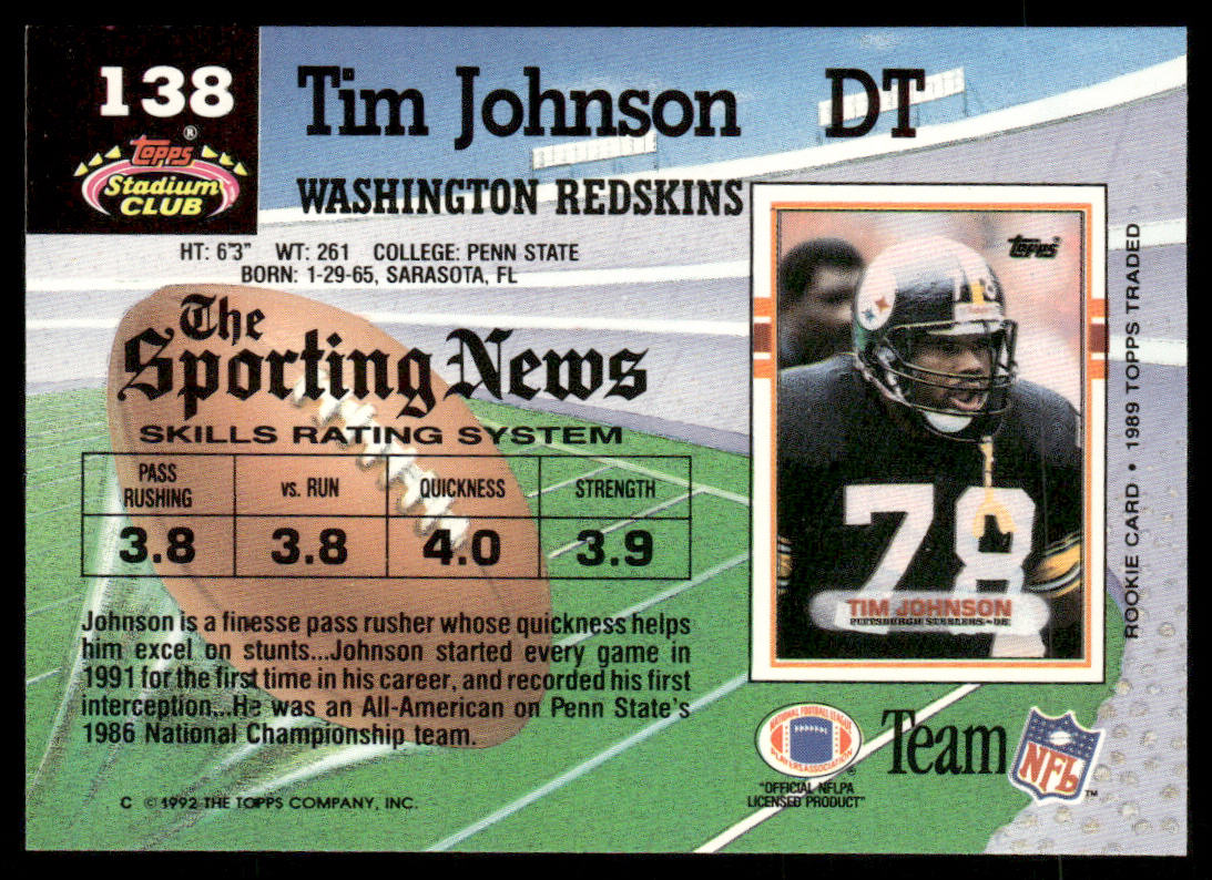 Tim Johnson 1992 Stadium Club #138 Washington Redskins