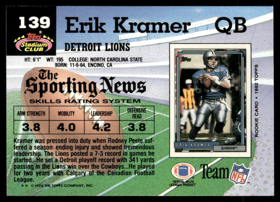 Erik Kramer 1992 Stadium Club #139 Detroit Lions