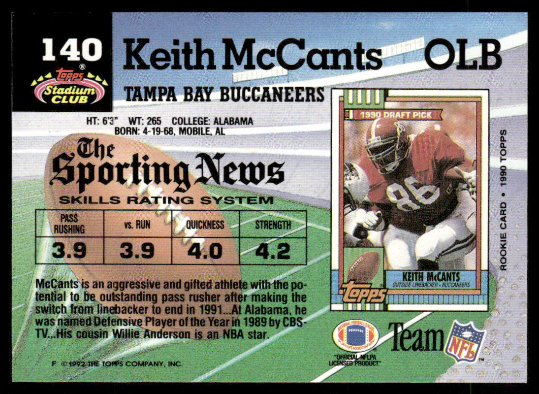 Keith McCants 1992 Stadium Club #140 Tampa Bay Buccaneers