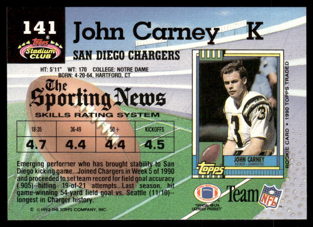 John Carney 1992 Stadium Club #141 San Diego Chargers