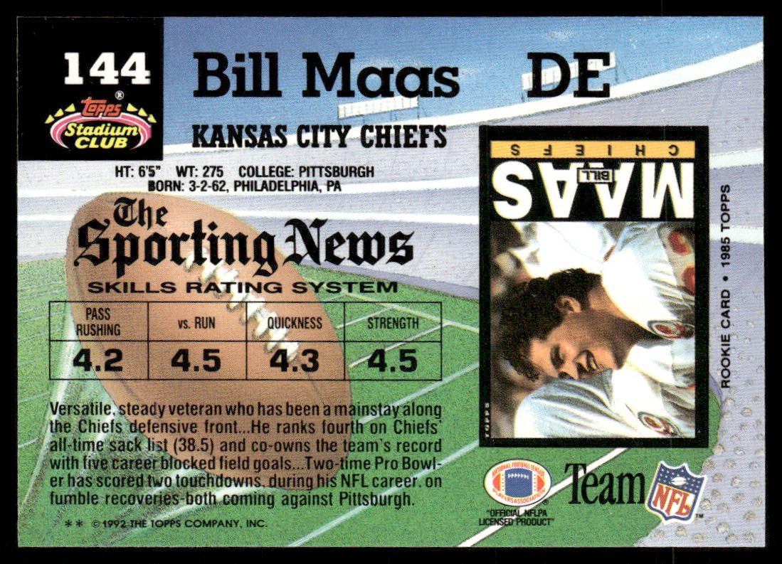 Bill Maas 1992 Stadium Club #144 Kansas City Chiefs