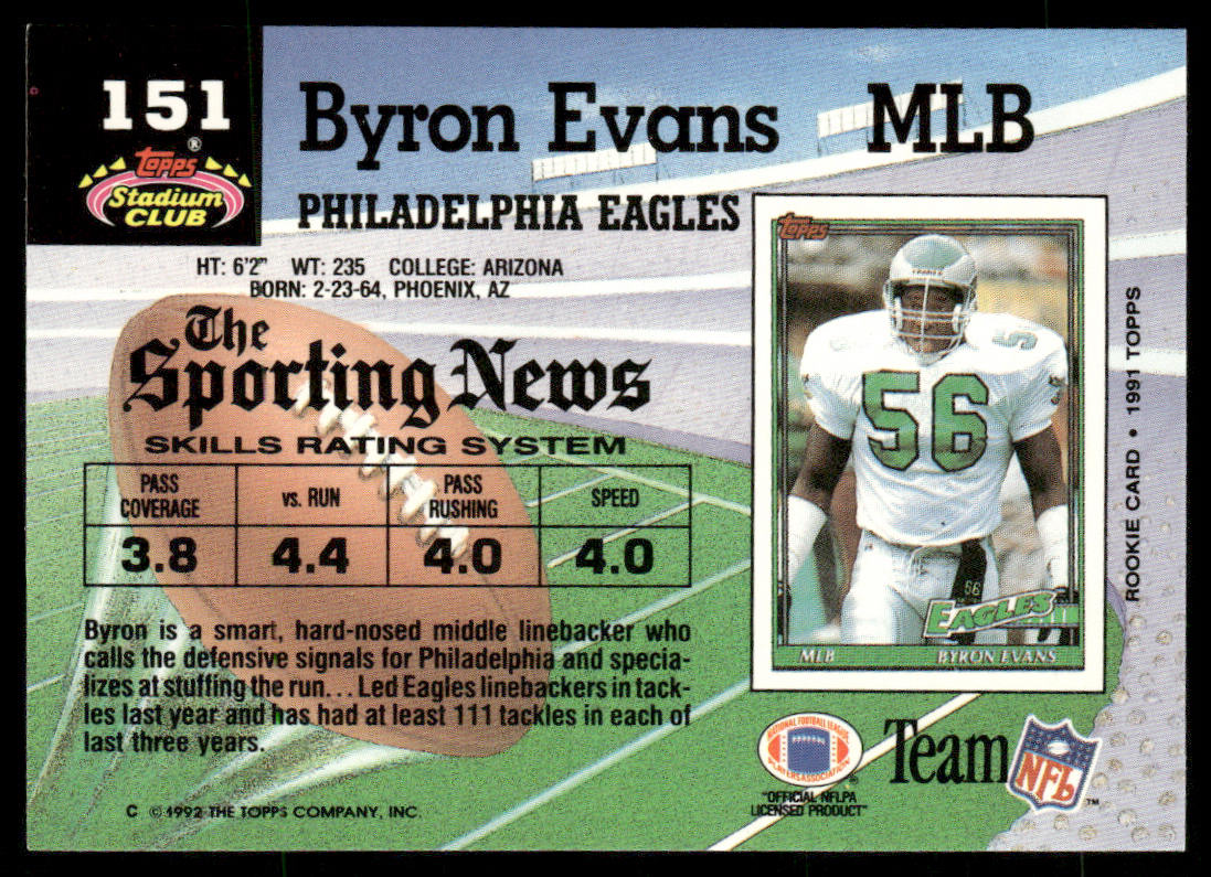 Byron Evans 1992 Stadium Club #151 Philadelphia Eagles