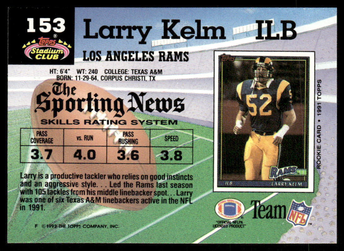 Larry Kelm 1992 Stadium Club #153 Los Angeles Rams