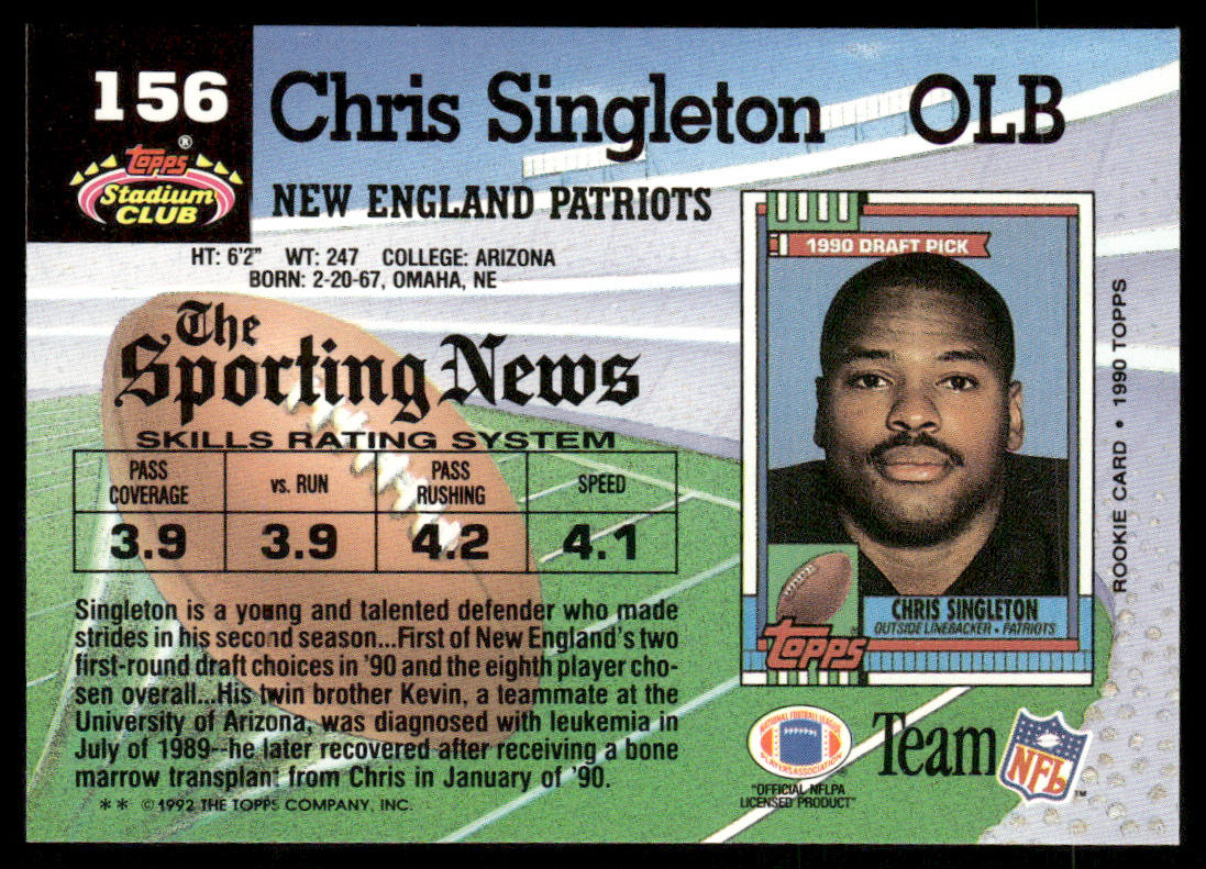 Chris Singleton 1992 Stadium Club #156 New England Patriots