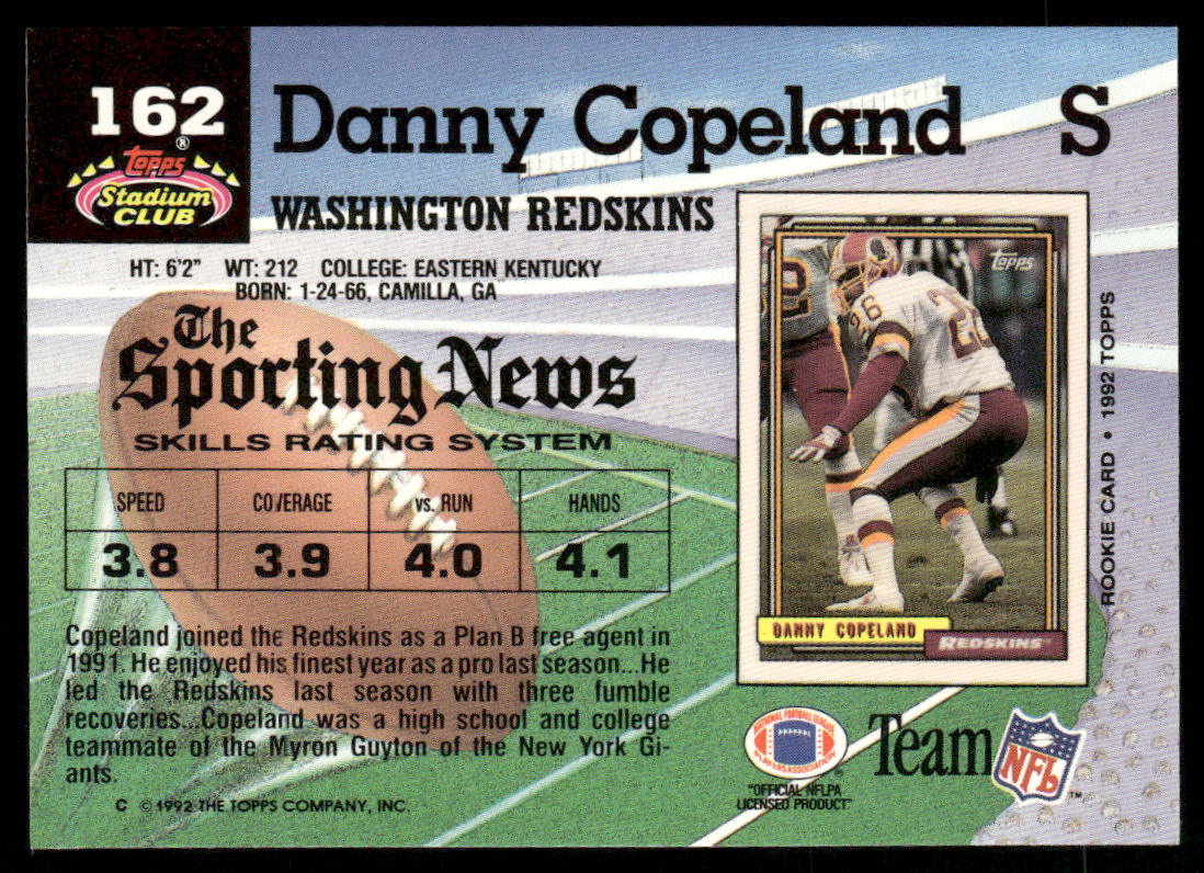 Danny Copeland 1992 Stadium Club #162 Washington Redskins