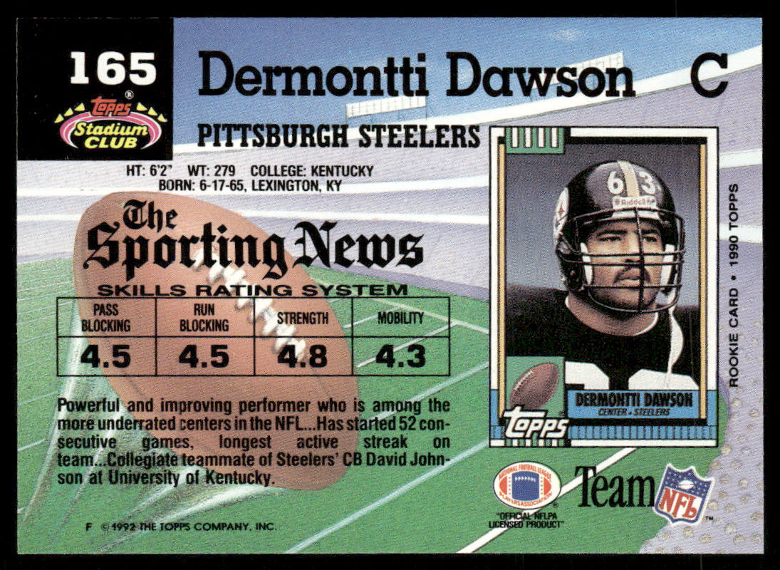 Dermontti Dawson 1992 Stadium Club #165 Pittsburgh Steelers